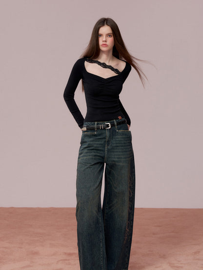 VIA PITTI VIADK743 Wrinkled lace decorative woolen base long sleeved shirt