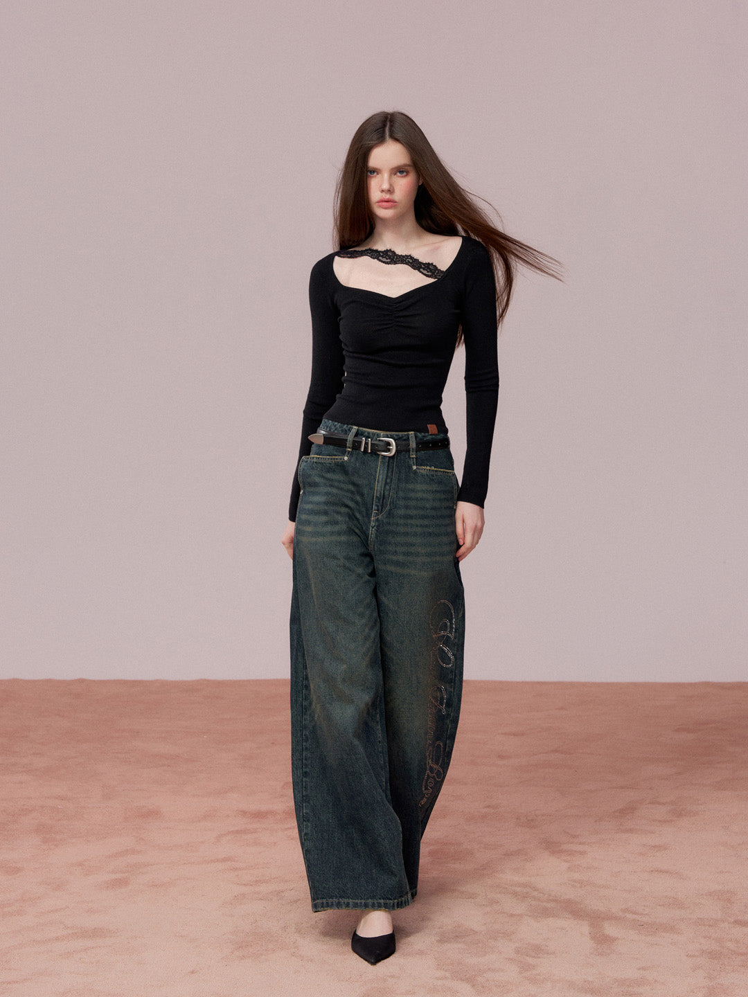 VIA PITTI VIADK743 Wrinkled lace decorative woolen base long sleeved shirt