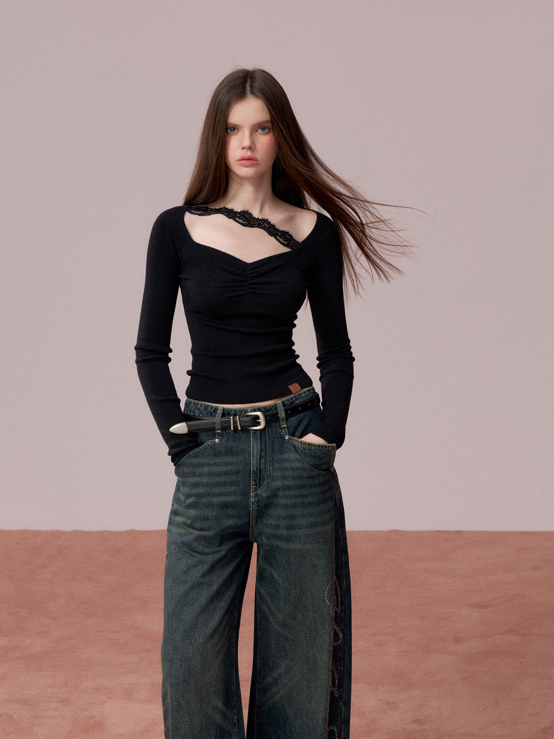 VIA PITTI VIADK743 Wrinkled lace decorative woolen base long sleeved shirt