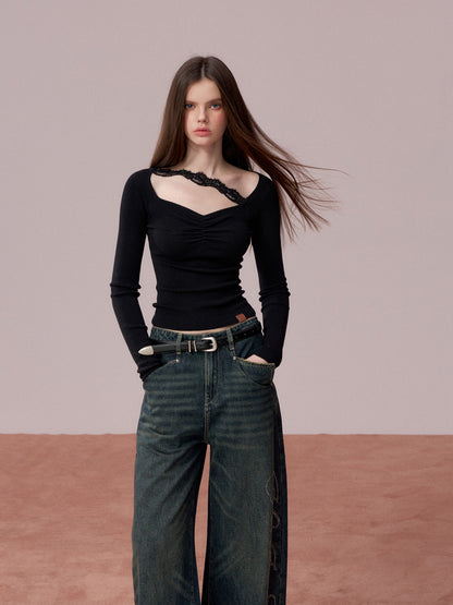 VIA PITTI VIADK743 Wrinkled lace decorative woolen base long sleeved shirt