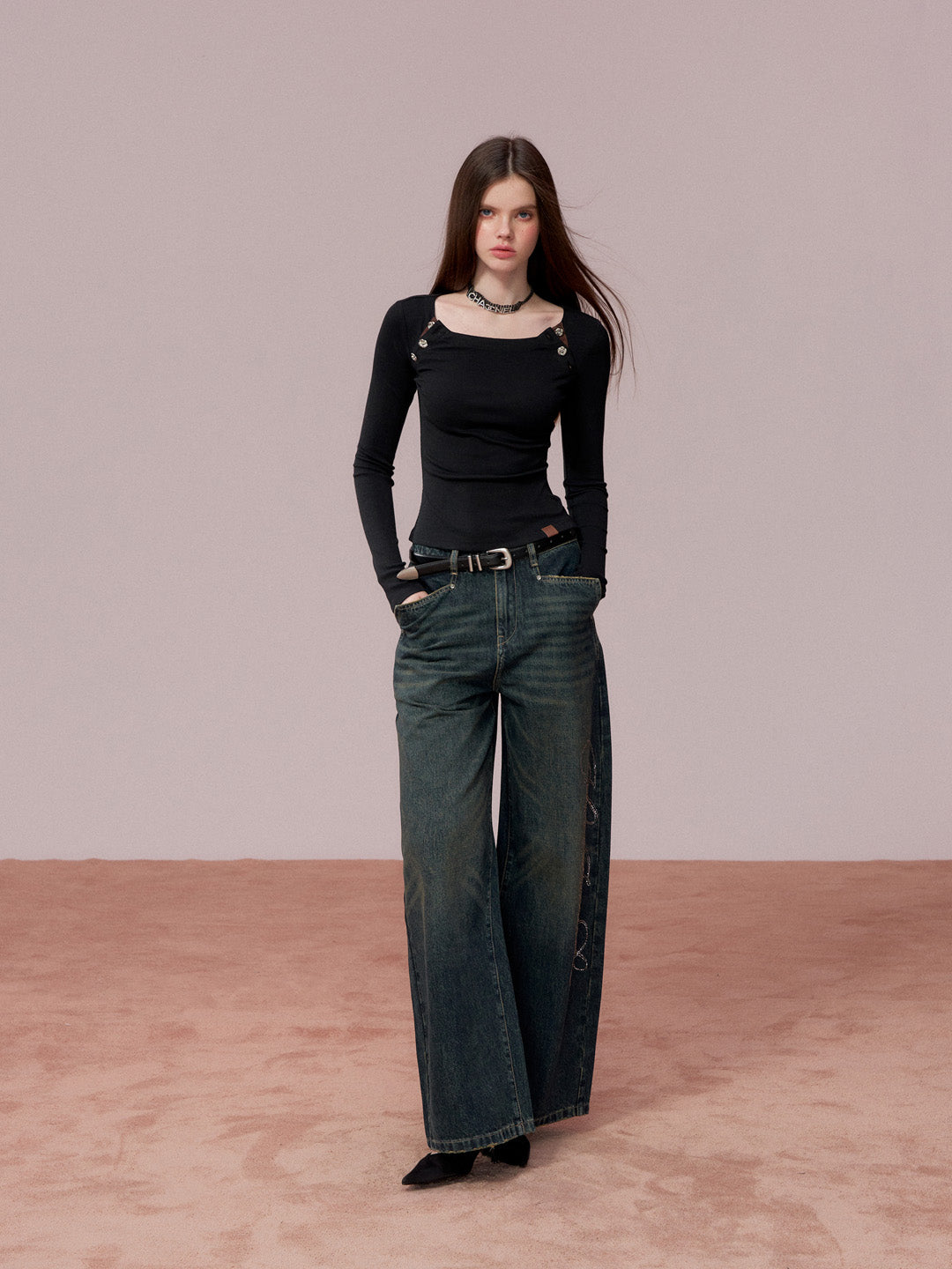 VIA PITTI VIADTP705 Rose button decoration base long sleeved T