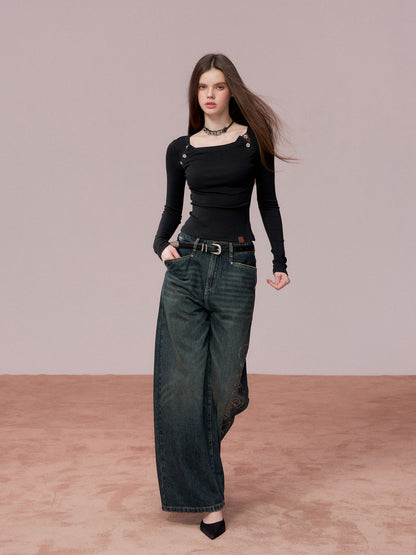 VIA PITTI VIADTP705 Rose button decoration base long sleeved T