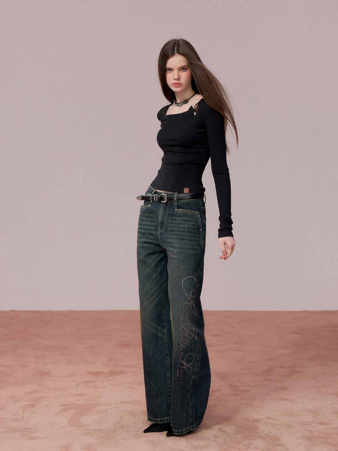 VIA PITTI VIADTP705 Rose button decoration base long sleeved T