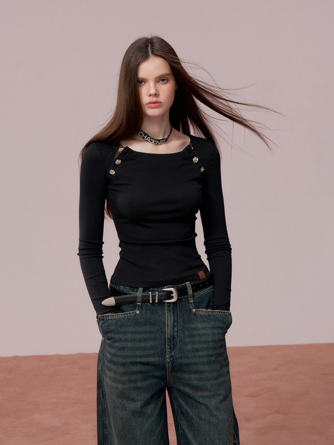 VIA PITTI VIADTP705 Rose button decoration base long sleeved T