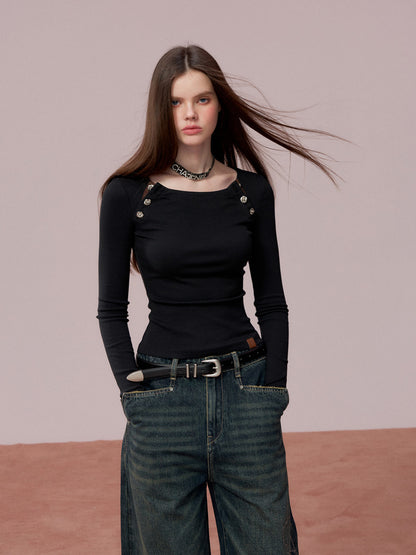 VIA PITTI VIADTP705 Rose button decoration base long sleeved T