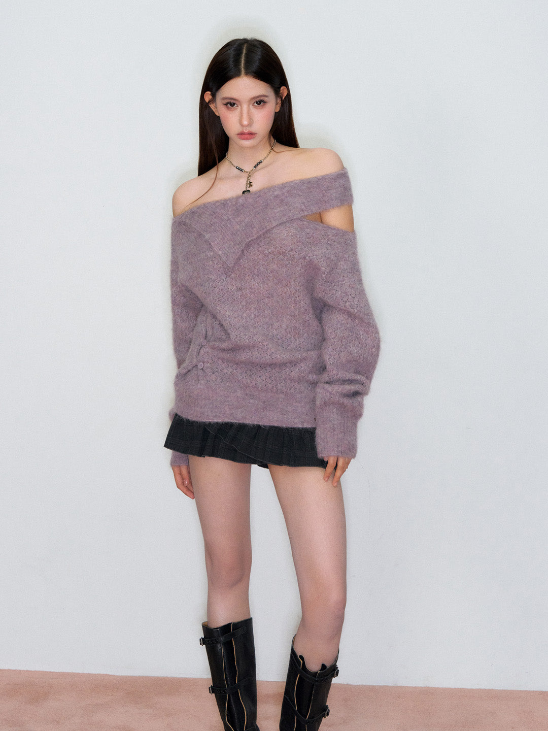 VIA PITTI VIAAK876 Off shoulder design with hollowed out alpaca wool sweater