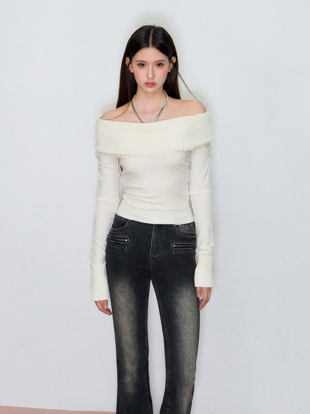 VIA PITTI VIAATP808 Splicing off shoulder long sleeved T-shirt