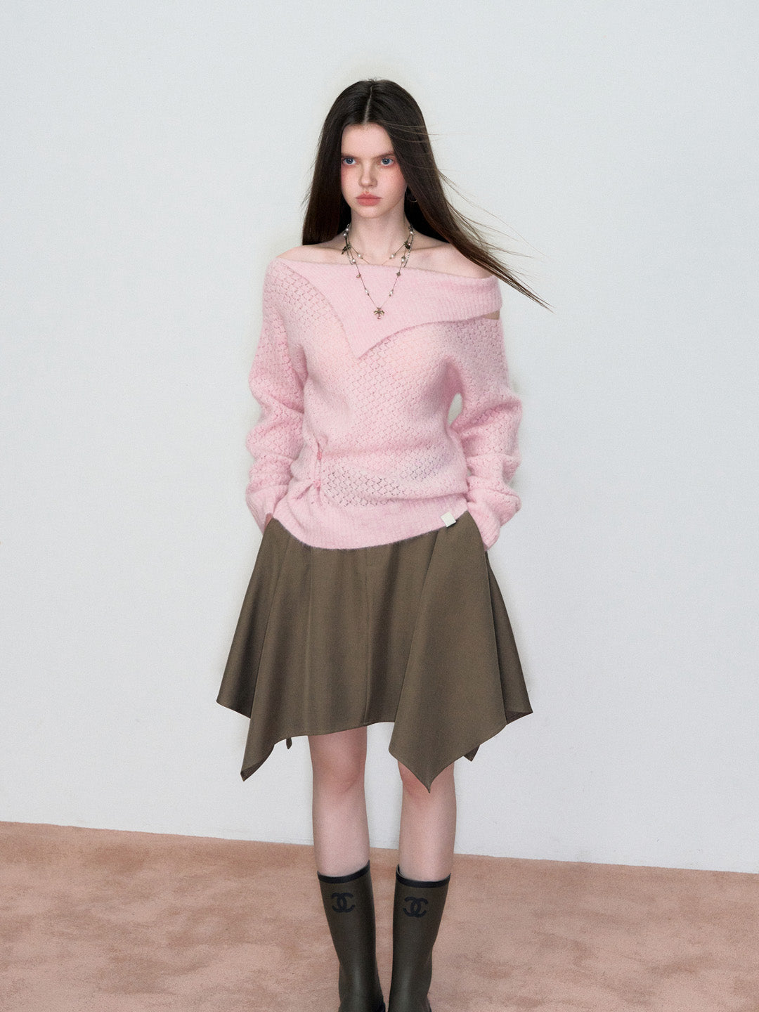 VIA PITTI VIAAK876 Off shoulder design with hollowed out alpaca wool sweater