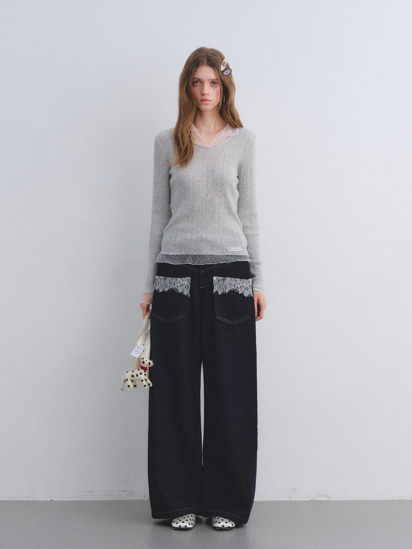 AsGony ASG25664 Polka dot mesh spliced wool base sweater