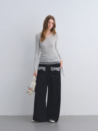 AsGony ASG25664 Polka dot mesh spliced wool base sweater