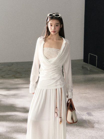 Lafreedom LAF360103 Clear and cool style collar and waist cinched knitted top