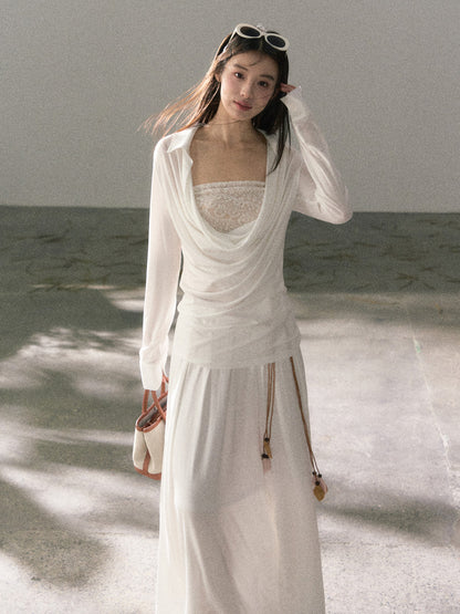 Lafreedom LAF360103 Clear and cool style collar and waist cinched knitted top