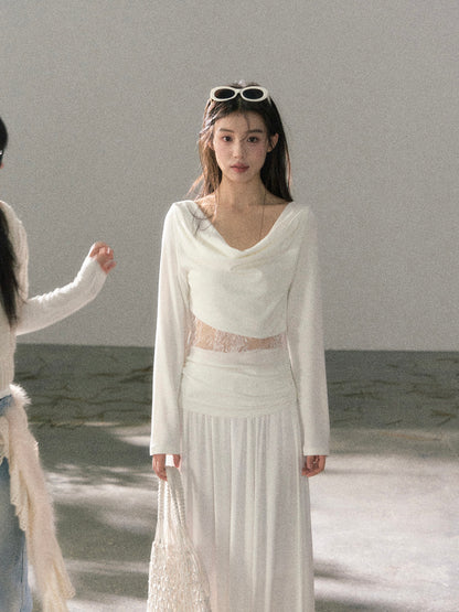 Lafreedom LAF360102 Swinging collar lace slim fit long sleeved top