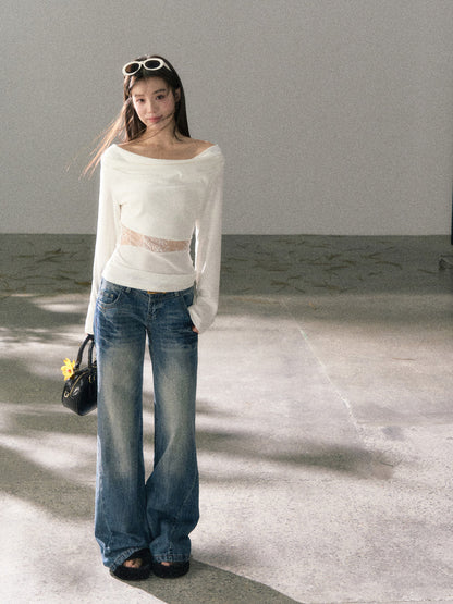 Lafreedom LAF360102 Swinging collar lace slim fit long sleeved top