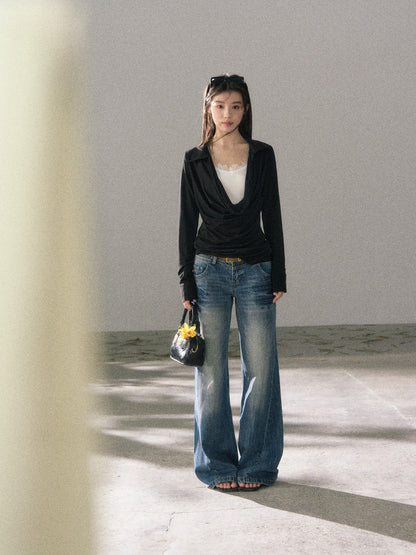 Lafreedom LAF360103 Clear and cool style collar and waist cinched knitted top