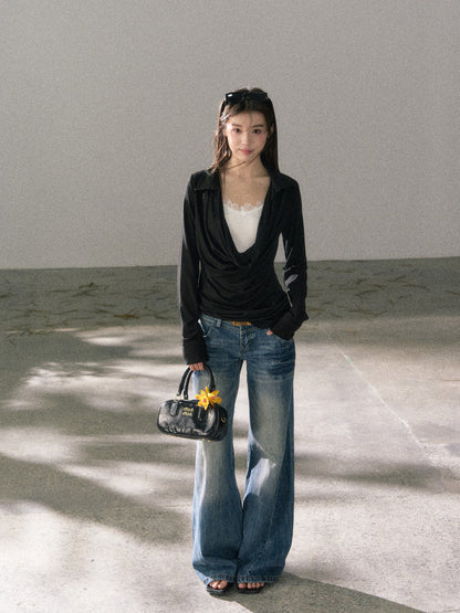 Lafreedom LAF360103 Clear and cool style collar and waist cinched knitted top