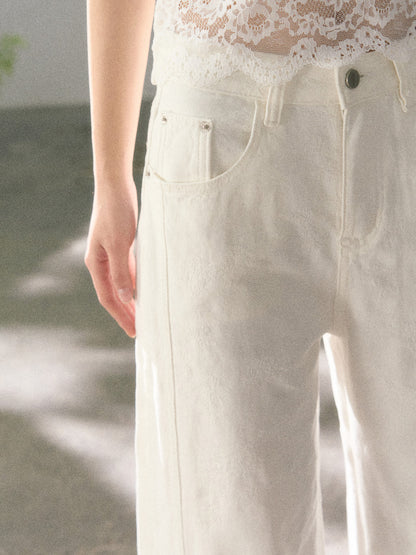 Lafreedom LAF360112 Lace embroidered white denim straight leg pants