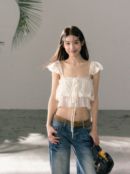 Lafreedom LAF360401&amp;LAF360402 Light gauze multi-layer ruffled lace camisole top + ruffled lace skirt