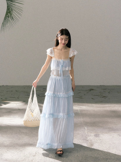Lafreedom LAF360401&amp;LAF360402 Light gauze multi-layer ruffled lace camisole top + ruffled lace skirt
