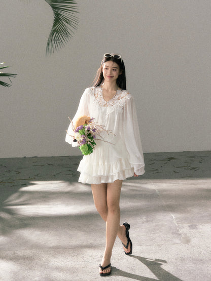 Lafreedom LAF360404 Lotus leaf edge double layered lace short skirt