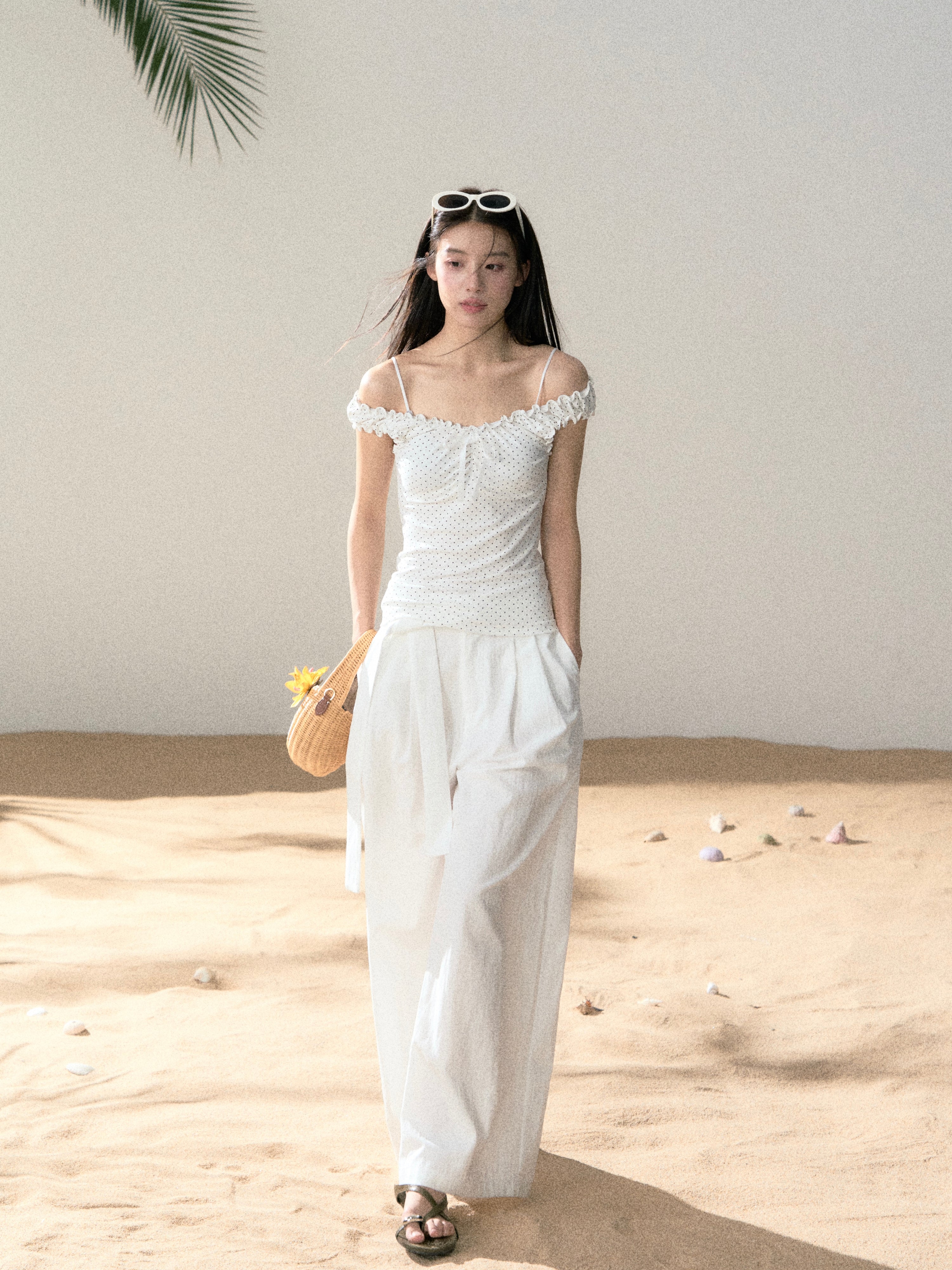 LAFREEDOM LAF360524 Off-Shoulder Stretch Knit Top + LAF360525 White Casual Long Pants