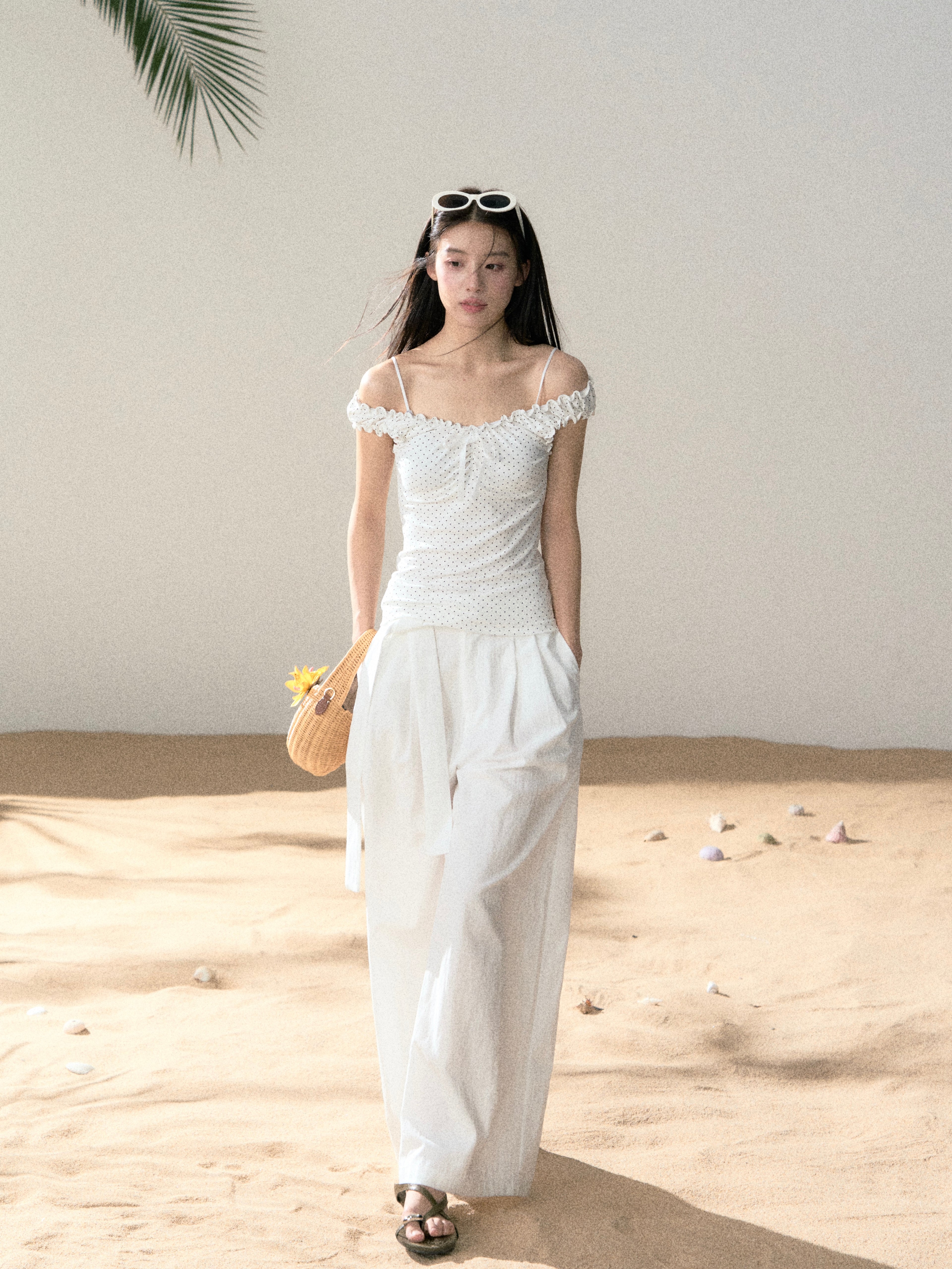 LAFREEDOM LAF360524 Off-Shoulder Stretch Knit Top + LAF360525 White Casual Long Pants