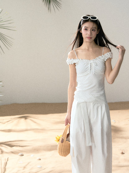LAFREEDOM LAF360524 Off-Shoulder Stretch Knit Top + LAF360525 White Casual Long Pants