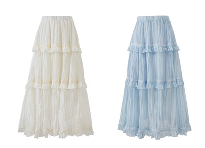 Lafreedom LAF360401&amp;LAF360402 Light gauze multi-layer ruffled lace camisole top + ruffled lace skirt