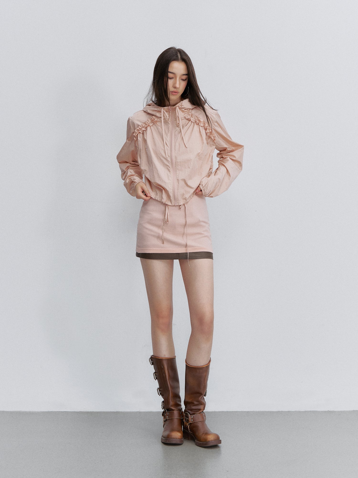 VIA PITTI VIACTP6245 Ruched Lace-Trim Drawstring Jacket