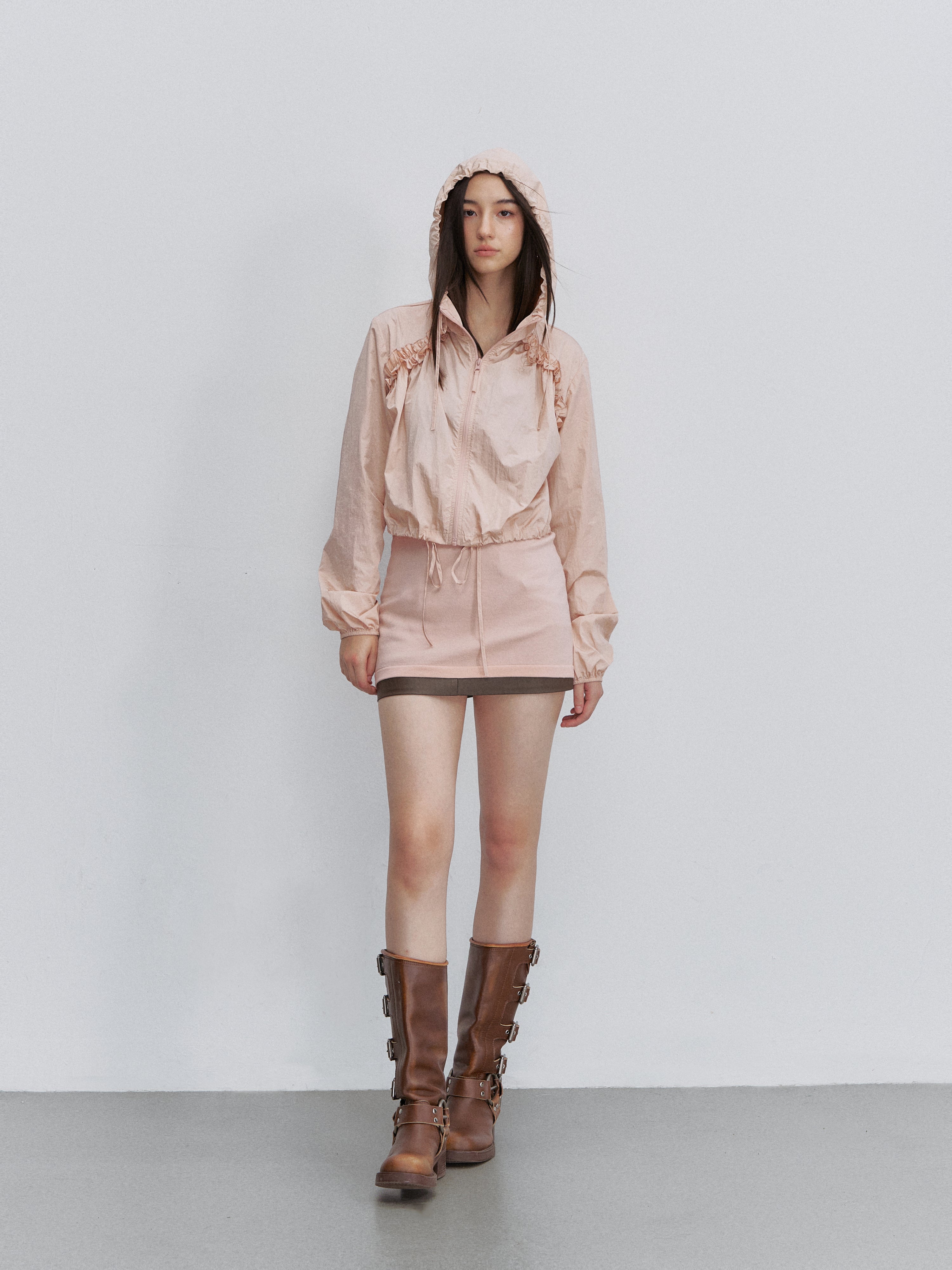 VIA PITTI VIACTP6245 Ruched Lace-Trim Drawstring Jacket
