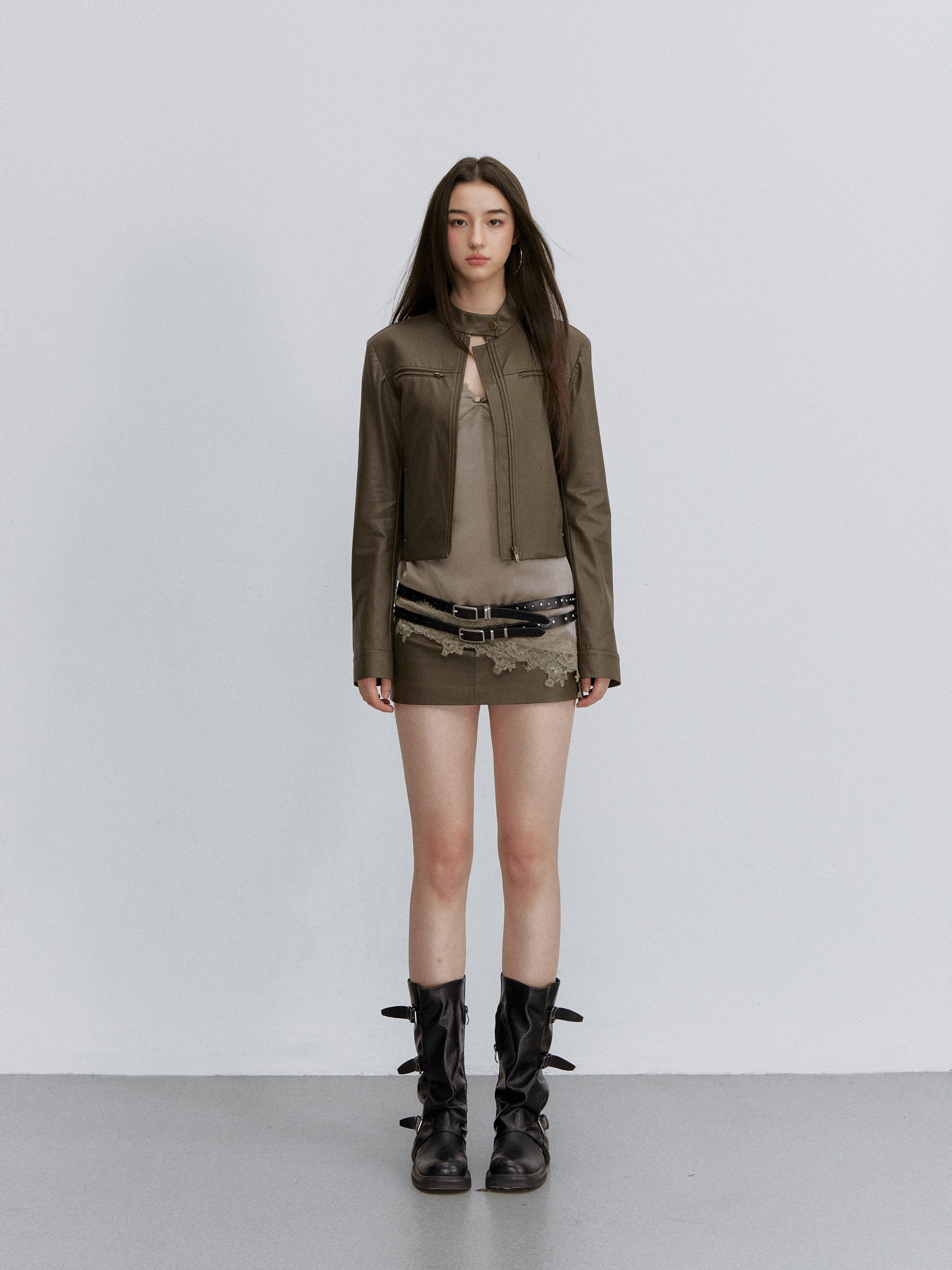 VIA PITTI VIACC6249 Stand-Collar Fitted Cropped Leather Jacket