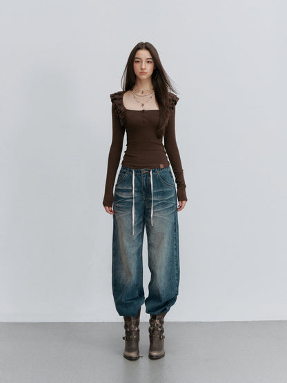 VIA PITTI VIACT6256 Ruched Ruffle-Trim Fitted Top