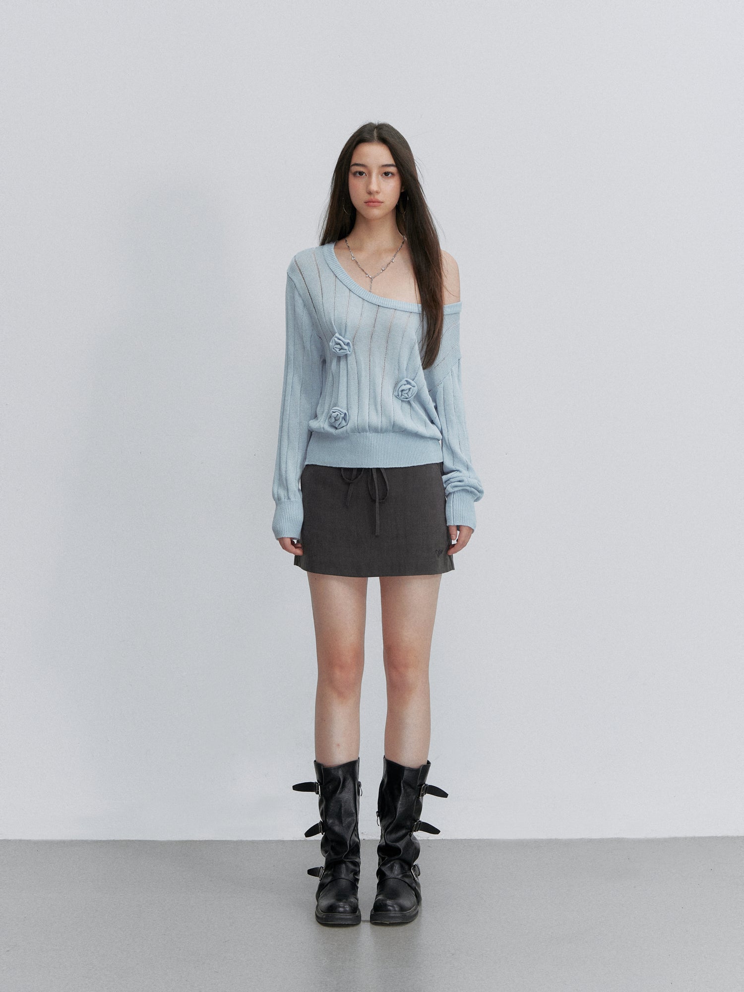 VIA PITTI VIACK6319 Asymmetric One-Shoulder Floral Knit Top
