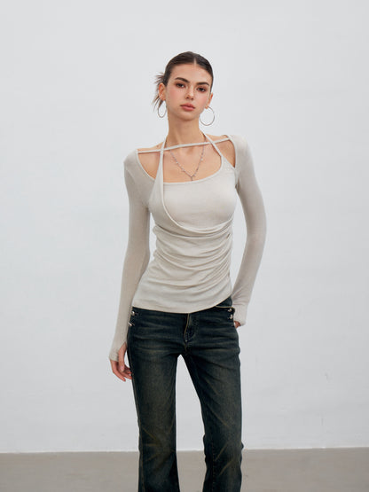 VIA PITTI VIACT6306 Halter-Neck Asymmetric Pleated Top