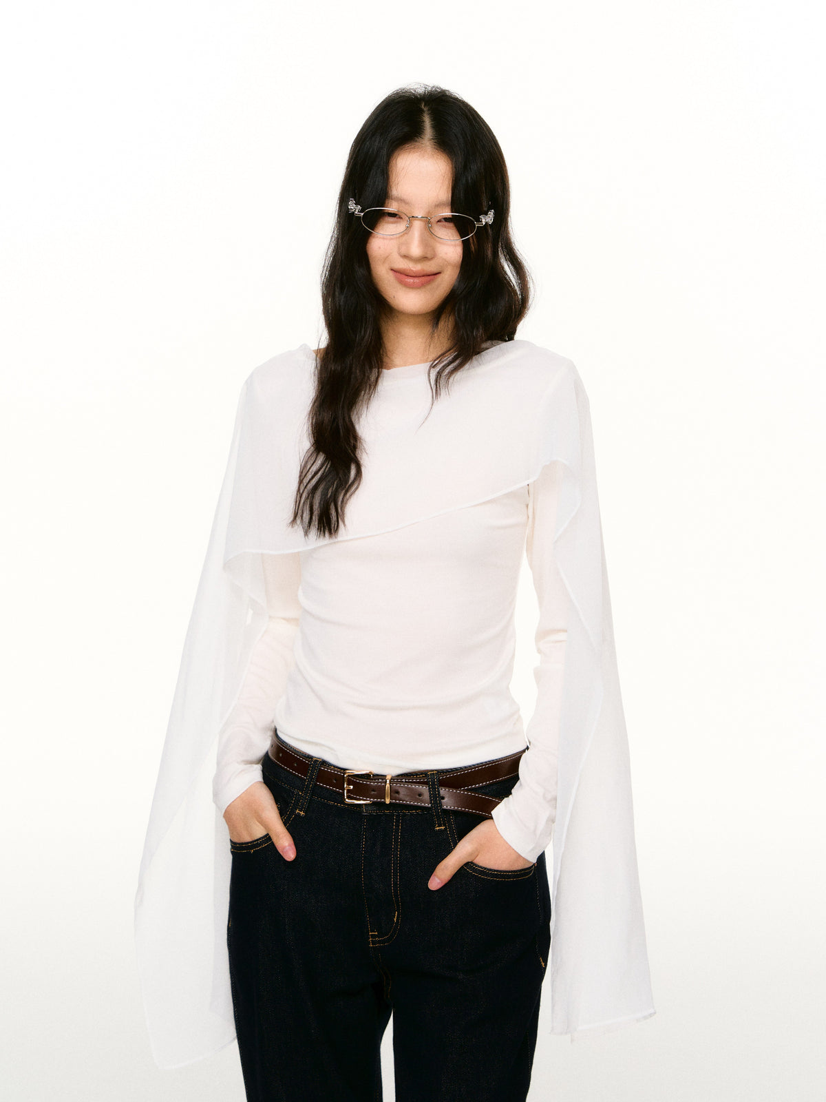 LAFREEDOM LAF360802 Faux-Layered Cape Long-Sleeve Top