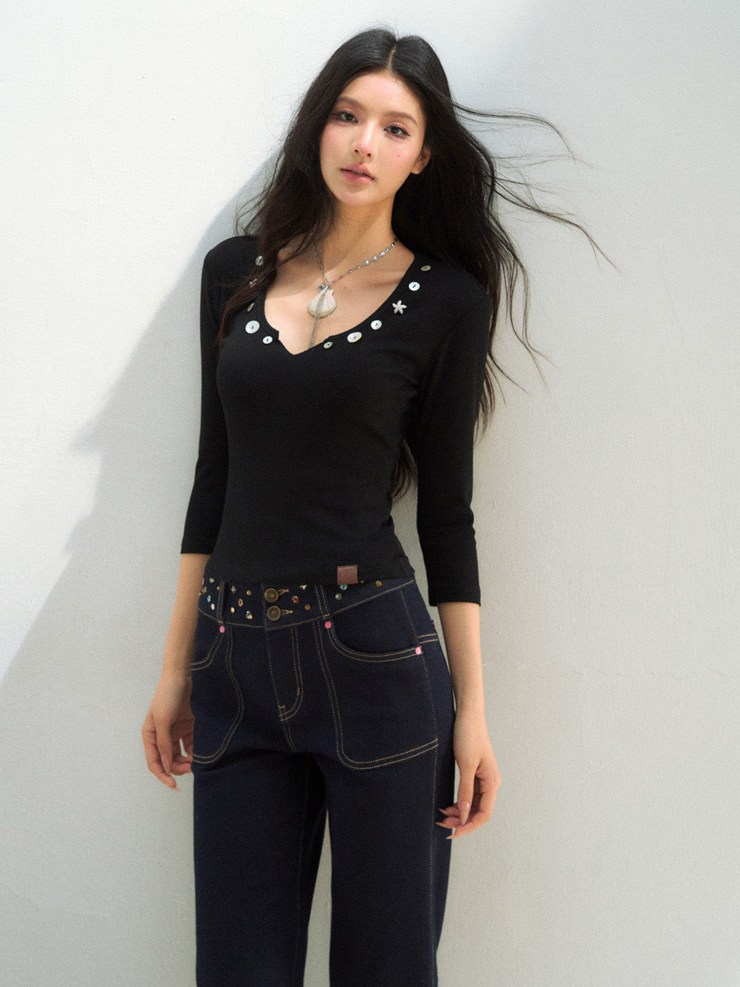 VIA PITTI VIAATP791 V-neck button decoration top
