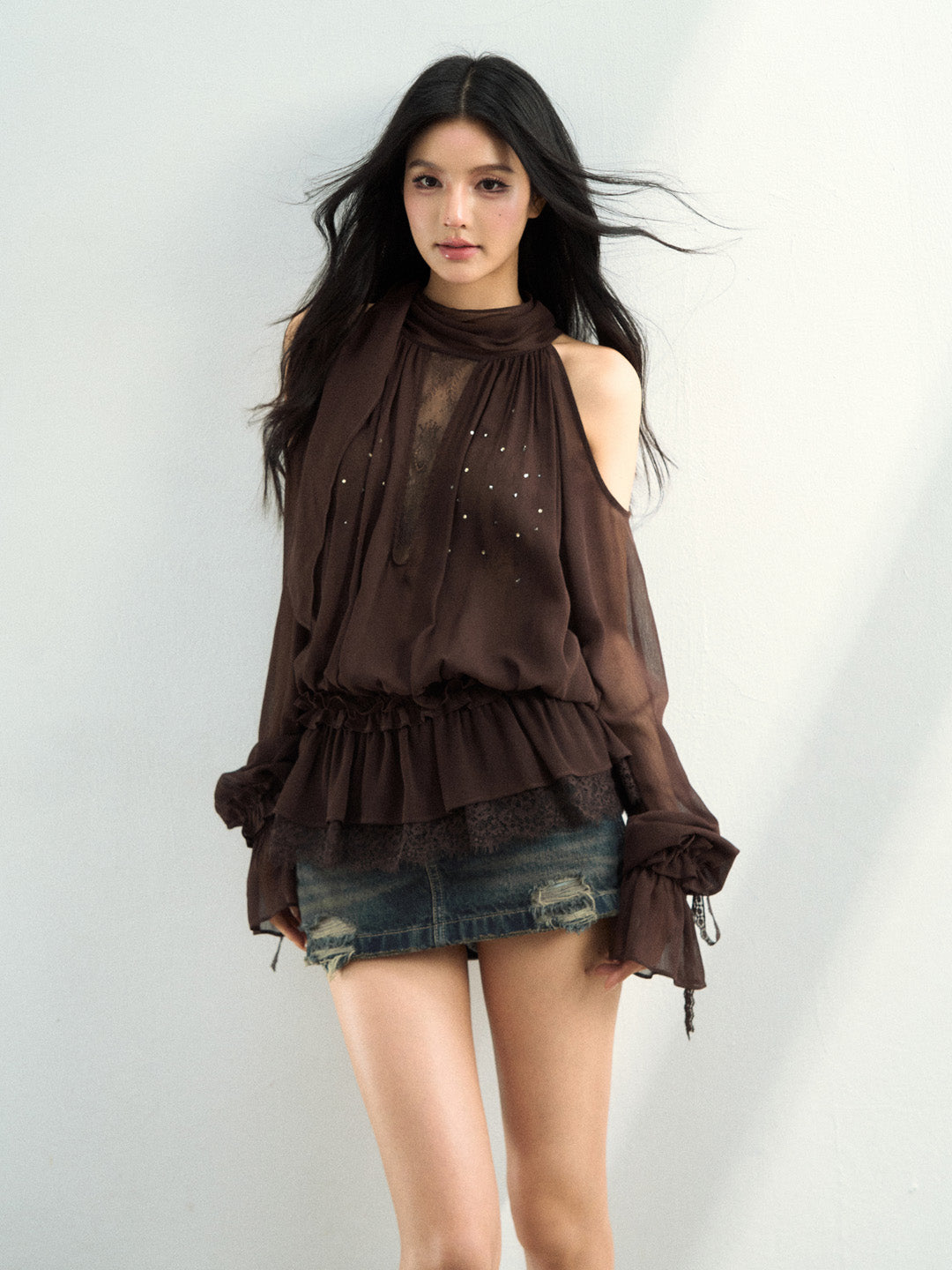 VIA PITTI VIAATP823 Elegant mesh ribbon long sleeved top