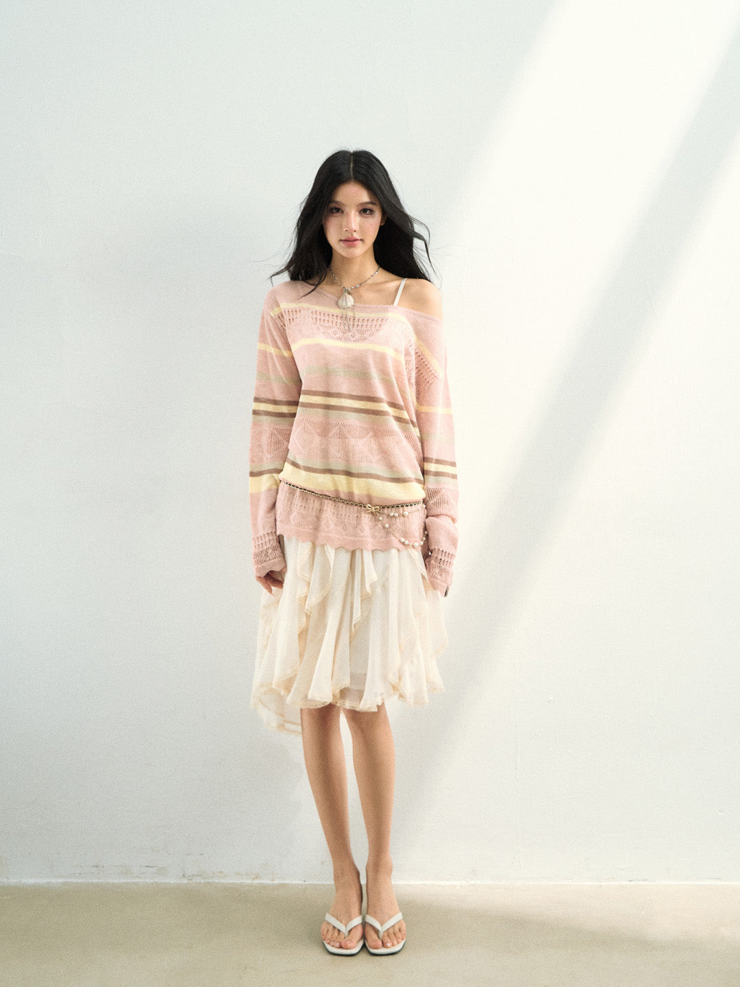 VIA PITTI VIAAK948 Color blocking hollow woolen woven color blocking striped loose fit cover shirt