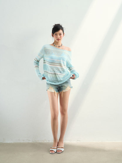 VIA PITTI VIAAK948 Color blocking hollow woolen woven color blocking striped loose fit cover shirt