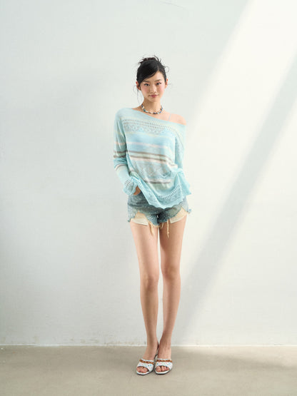 VIA PITTI VIAAK948 Color blocking hollow woolen woven color blocking striped loose fit cover shirt