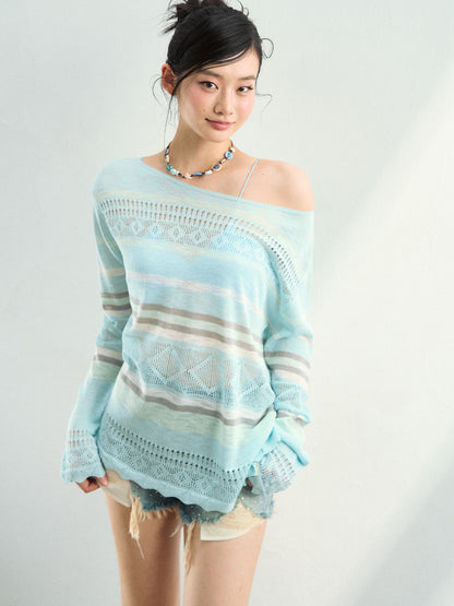 VIA PITTI VIAAK948 Color blocking hollow woolen woven color blocking striped loose fit cover shirt
