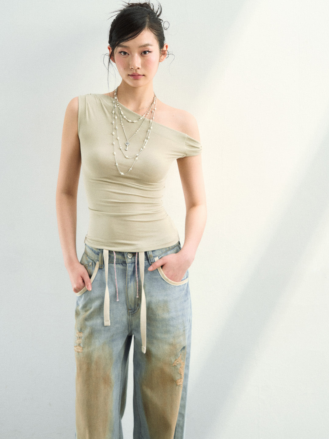 VIA PITTI VIAAT894 Off shoulder back hollow lace patchwork short sleeved shirt