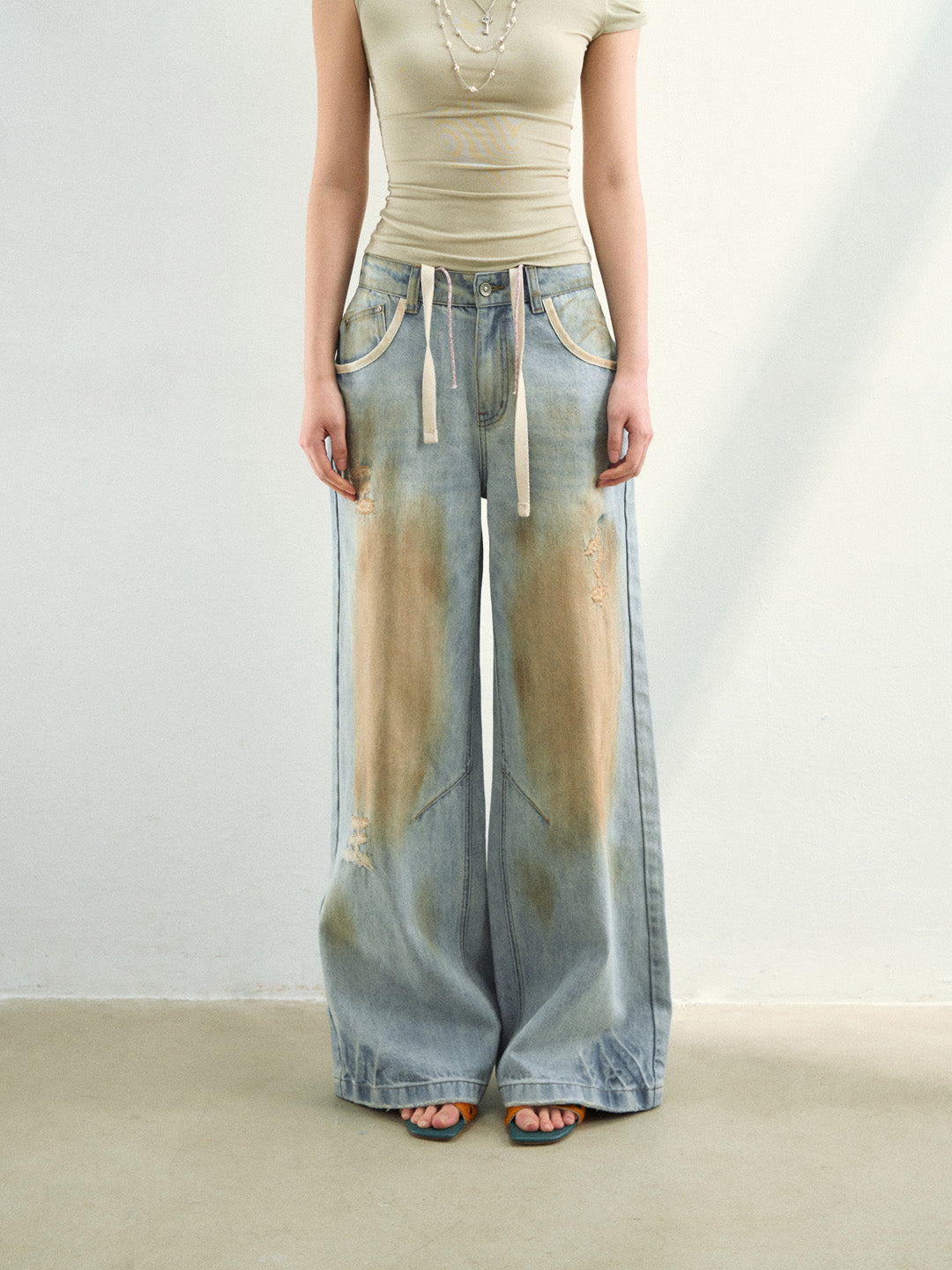 VIA PITTI VIAAP855 Washing and color blocking damage denim pants