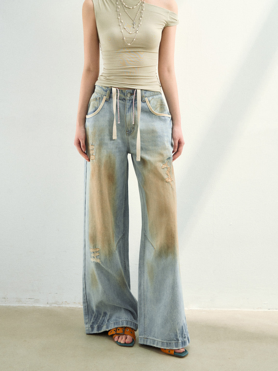 VIA PITTI VIAAP855 Washing and color blocking damage denim pants