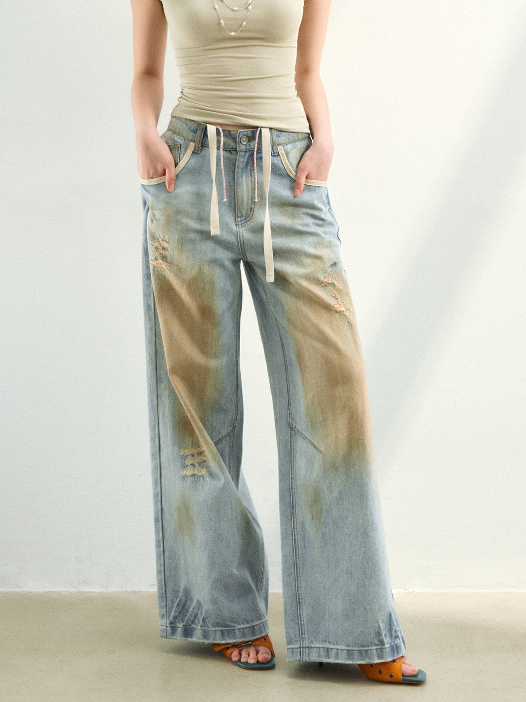 VIA PITTI VIAAP855 Washing and color blocking damage denim pants
