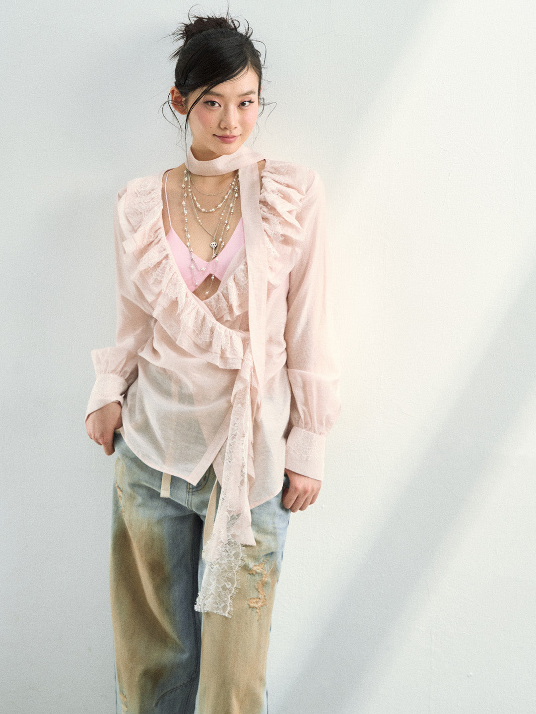 VIA PITTI VIAAT812 Lace patchwork design with a flowing ribbon shirt