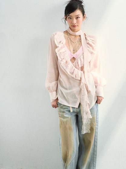 VIA PITTI VIAAT812 Lace patchwork design with a flowing ribbon shirt
