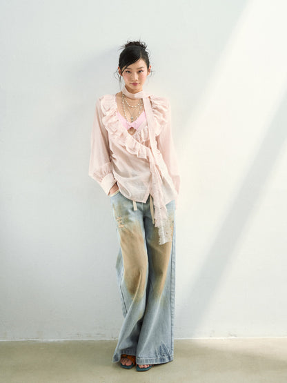VIA PITTI VIAAT812 Lace patchwork design with a flowing ribbon shirt