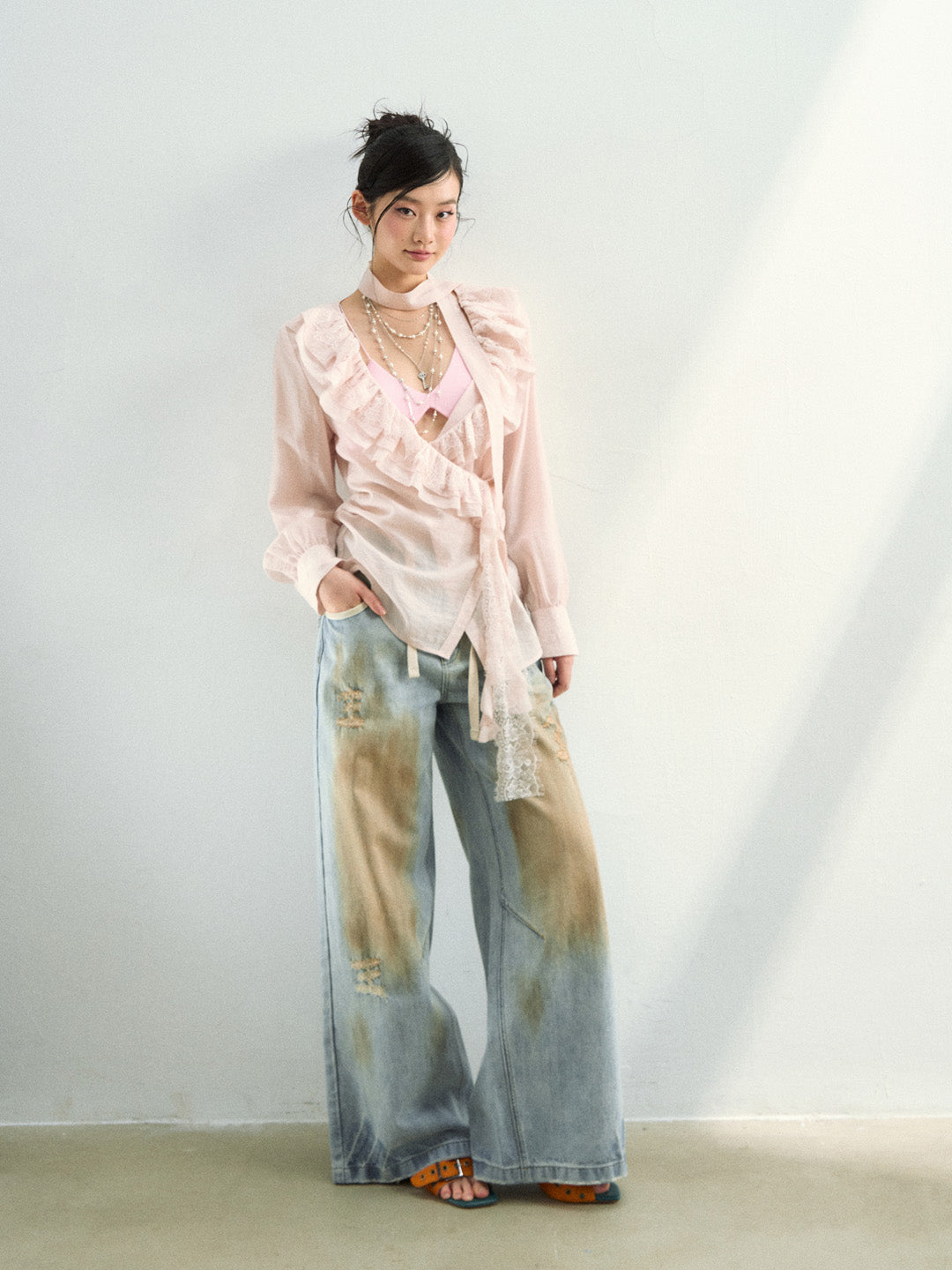 VIA PITTI VIAAP855 Washing and color blocking damage denim pants