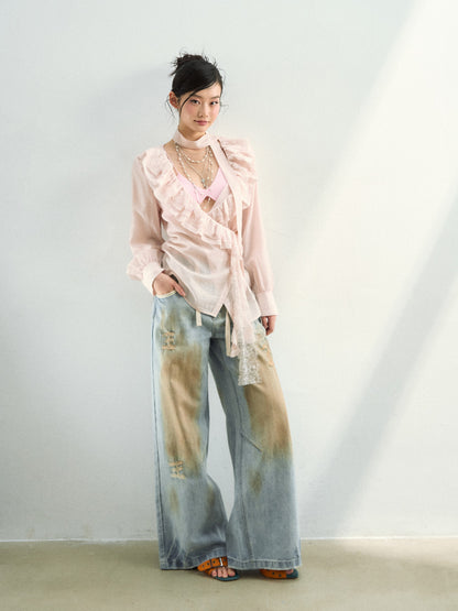 VIA PITTI VIAAP855 Washing and color blocking damage denim pants